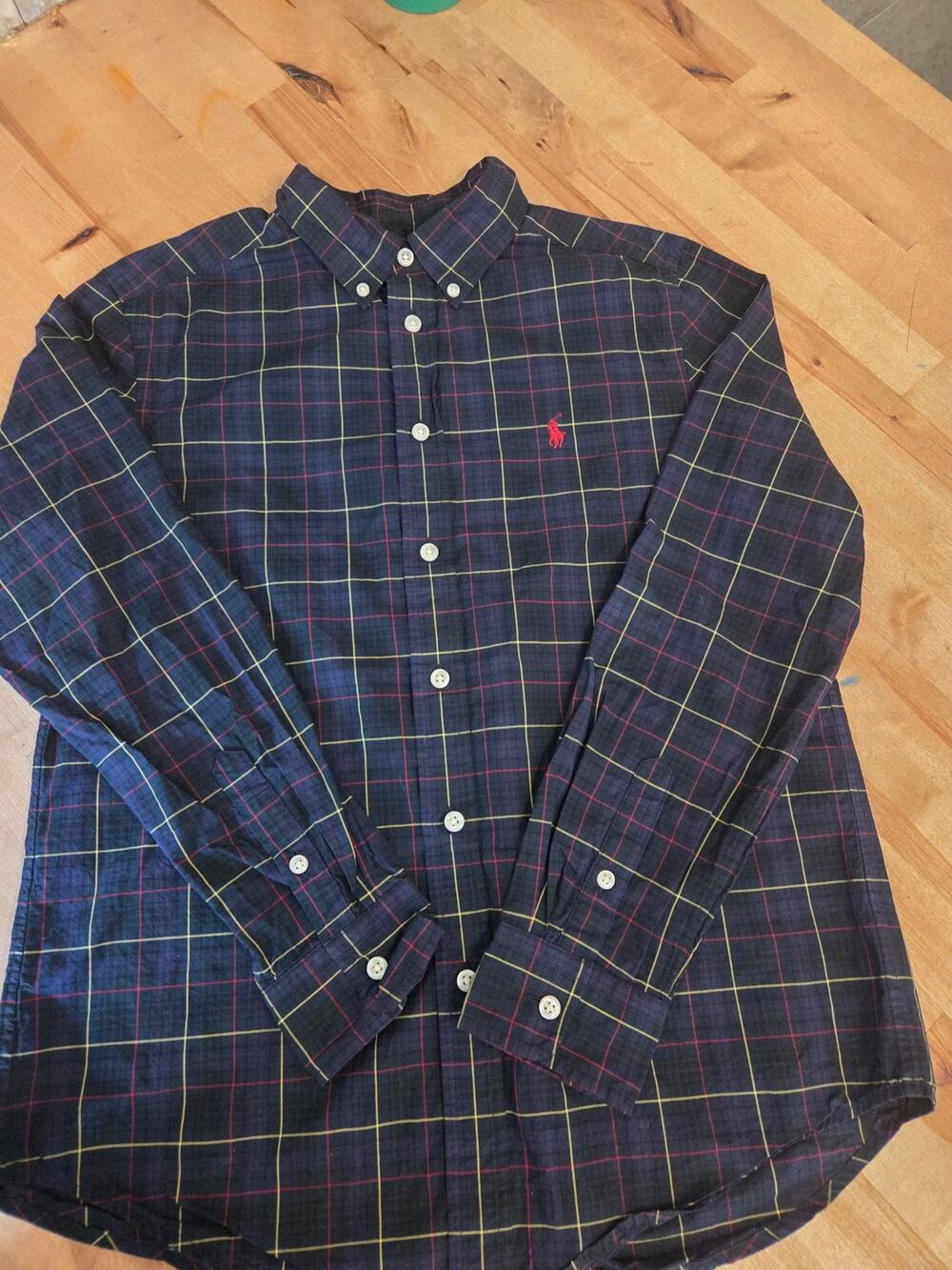 Polo Ralph Lauren Boys L 14-16 Plaid Button Down Shirt Natural Stretch Navy Blue